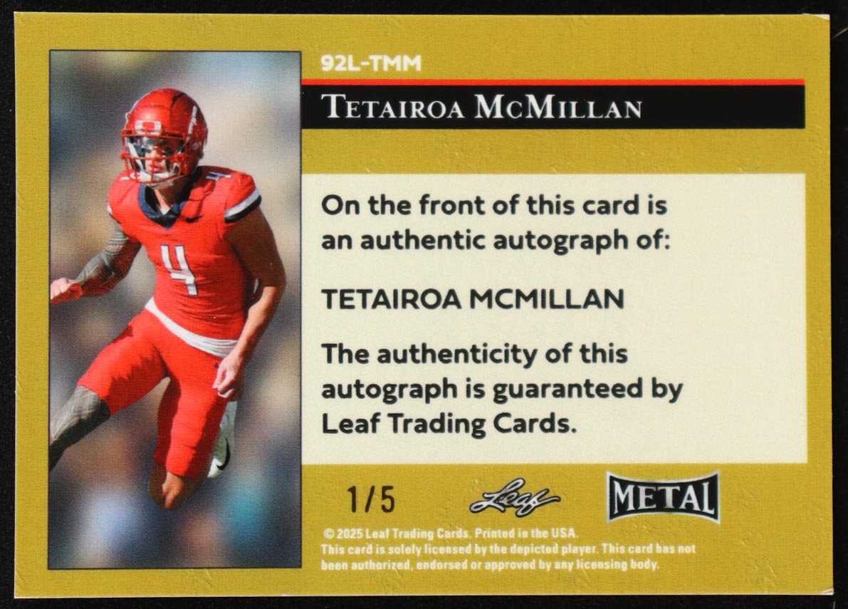 Tetairoa McMillan 2024 Leaf Metal '92 Leaf Autographs Pulsar Silver #92LTMM #1/5 RC at PristineAuction.com Tetairoa McMillan 2024 Leaf Metal '92 Leaf Autographs Pulsar Silver #92LTMM #1/5 RC at PristineAuction.com