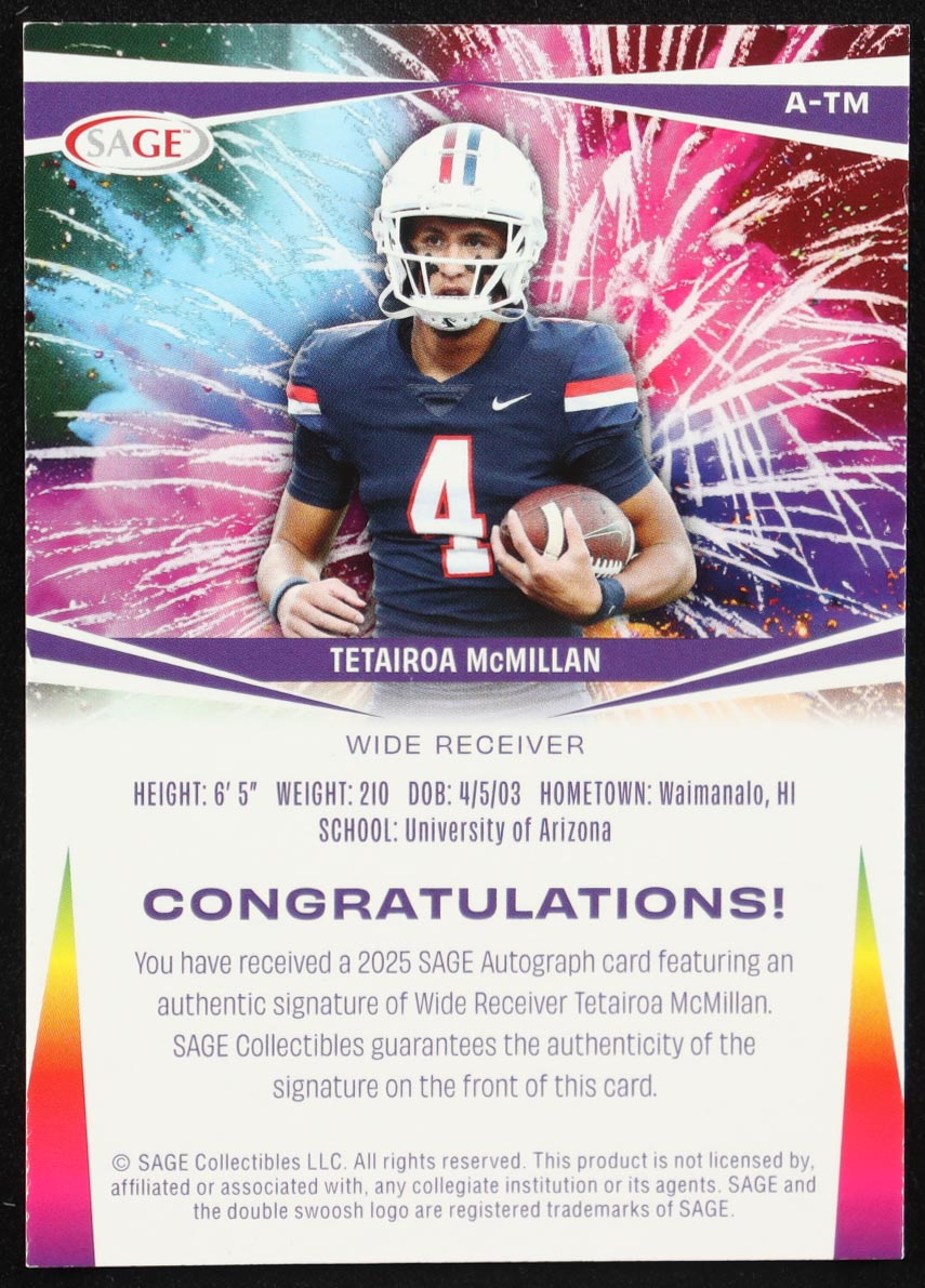 Tetairoa McMillan 2025 SAGE Autographs #ATM RC at PristineAuction.com Tetairoa McMillan 2025 SAGE Autographs #ATM RC at PristineAuction.com