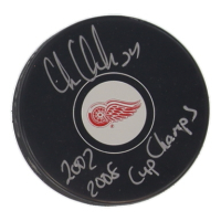 Chris Chelios Signed Red Wings Logo Hockey Puck Inscribed "2002 2008 Cup Champs" (Schwartz) at PristineAuction.com