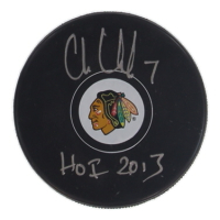 Chris Chelios Signed Blackhawks Logo Hockey Puck Inscribed "HOF 13" (Schwartz) at PristineAuction.com