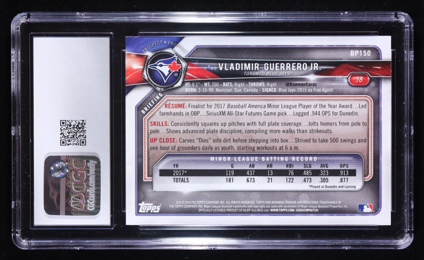 Vladimir Guerrero Jr. 2018 Bowman Prospects #BP-150 RC (CGC 10) at PristineAuction.com Vladimir Guerrero Jr. 2018 Bowman Prospects #BP-150 RC (CGC 10) at PristineAuction.com