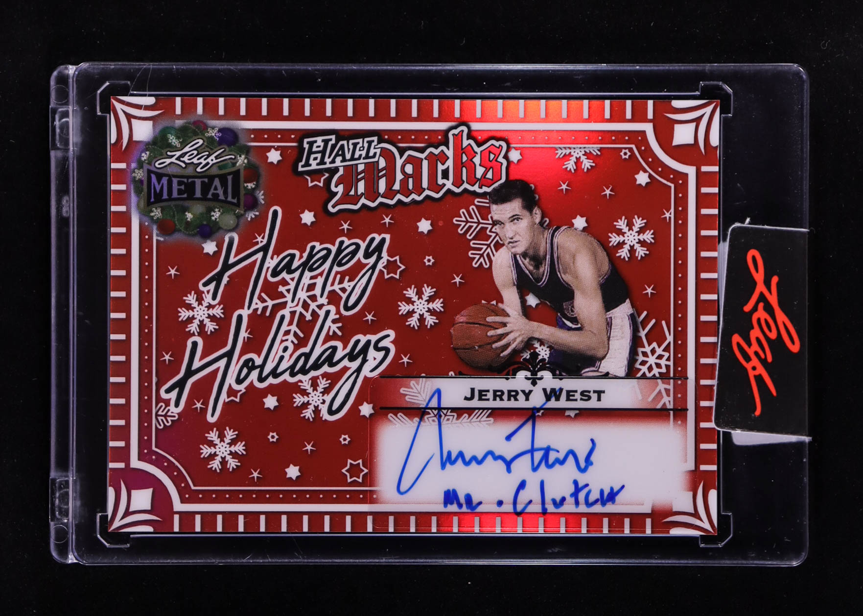Jerry West 2025 Leaf Metal Happy Holidays Hall Marks Prismatic Red #HMJW1 #2/2 at PristineAuction.com Jerry West 2025 Leaf Metal Happy Holidays Hall Marks Prismatic Red #HMJW1 #2/2 at PristineAuction.com