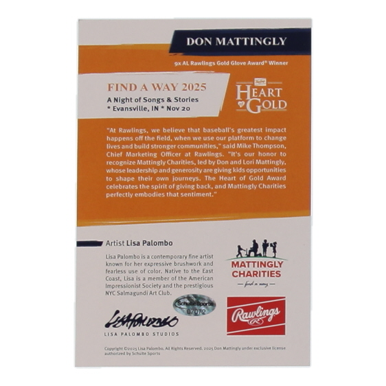 Don Mattingly Signed Yankees Gold Glove Lisa Palombo Art PostCard (Schulte) at PristineAuction.com Don Mattingly Signed Yankees Gold Glove Lisa Palombo Art PostCard (Schulte) at PristineAuction.com