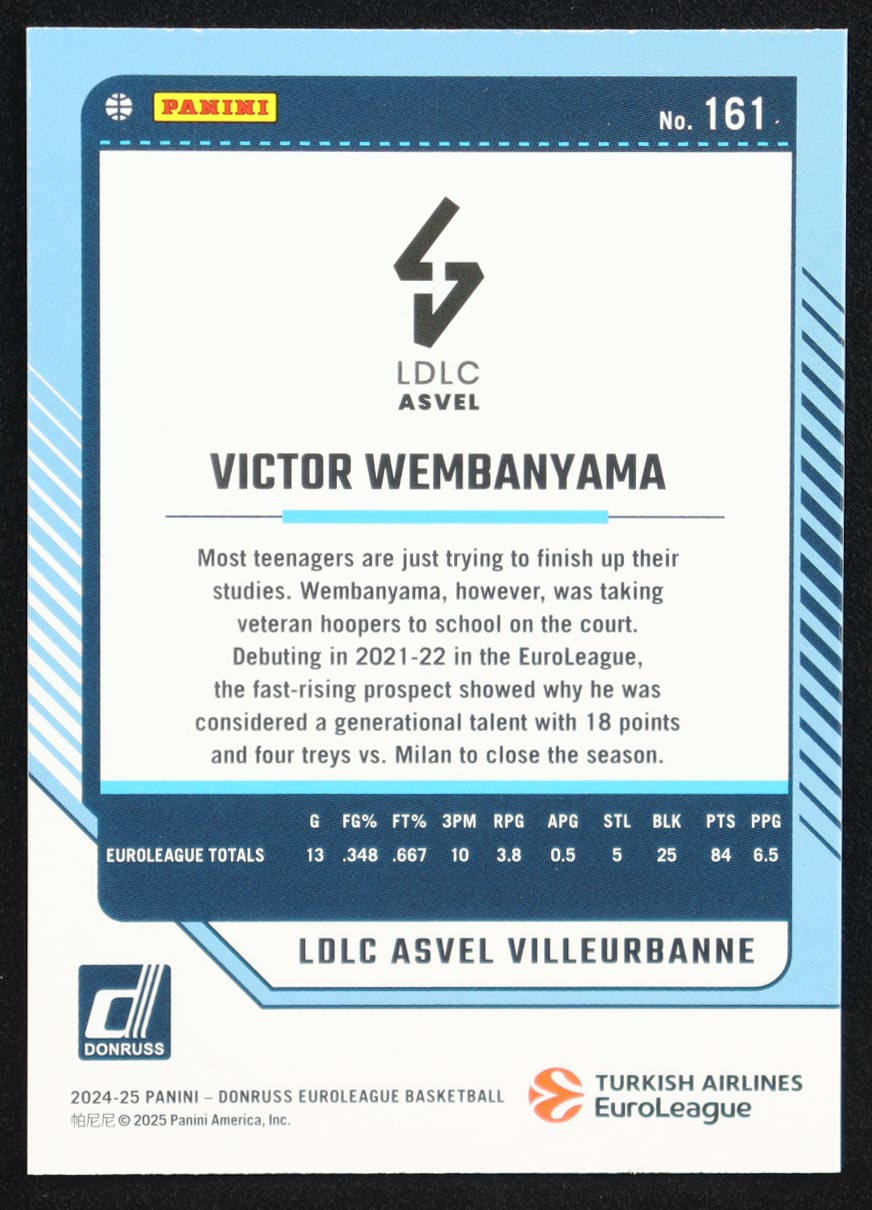 Victor Wembanyama 2024-25 Donruss Turkish Airlines EuroLeague Purple Laser #161 LEG #87/99 at PristineAuction.com Victor Wembanyama 2024-25 Donruss Turkish Airlines EuroLeague Purple Laser #161 LEG #87/99 at PristineAuction.com