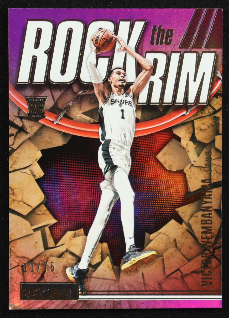 Victor Wembanyama 2023-24 Panini Recon Rock the Rim Purple #18 RC #11/75 at PristineAuction.com Victor Wembanyama 2023-24 Panini Recon Rock the Rim Purple #18 RC #11/75 at PristineAuction.com