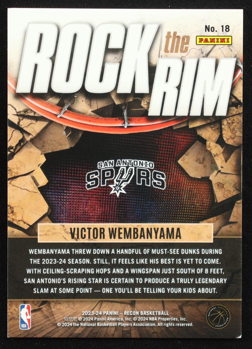 Victor Wembanyama 2023-24 Panini Recon Rock the Rim Purple #18 RC #11/75 at PristineAuction.com Victor Wembanyama 2023-24 Panini Recon Rock the Rim Purple #18 RC #11/75 at PristineAuction.com