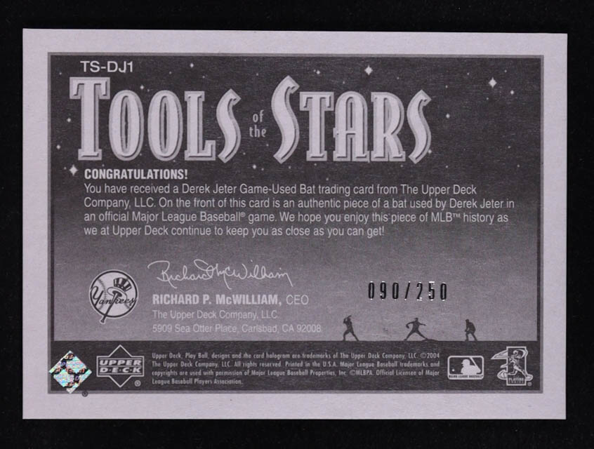 Derek Jeter 2004 Upper Deck Play Ball Tools of the Stars #TS-DJ1 #90/250 Game-Used Bat Piece at PristineAuction.com Derek Jeter 2004 Upper Deck Play Ball Tools of the Stars #TS-DJ1 #90/250 Game-Used Bat Piece at PristineAuction.com