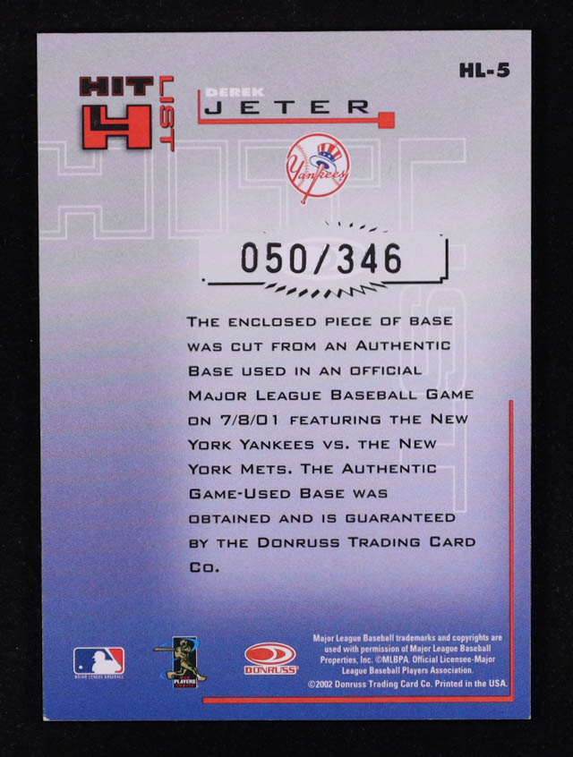 Derek Jeter 2002 Donruss Originals Hit List Total Bases Game Used #50/346 Yankees at PristineAuction.com Derek Jeter 2002 Donruss Originals Hit List Total Bases Game Used #50/346 Yankees at PristineAuction.com