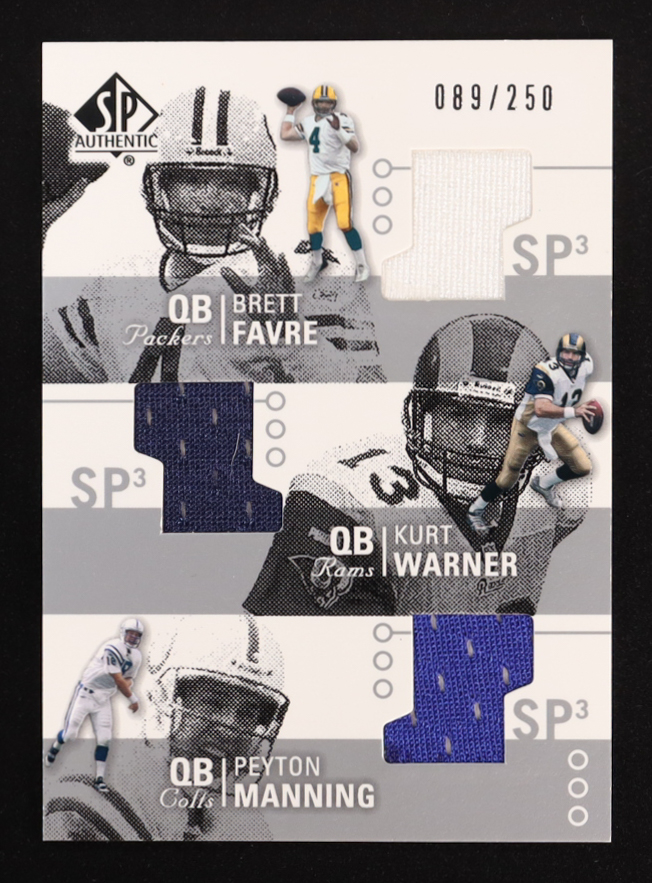Brett Favre / Kurt Warner / Peyton Manning 2002 SP Authentic Threads Triples #AT3FW #089/250 at PristineAuction.com Brett Favre / Kurt Warner / Peyton Manning 2002 SP Authentic Threads Triples #AT3FW #089/250 at PristineAuction.com