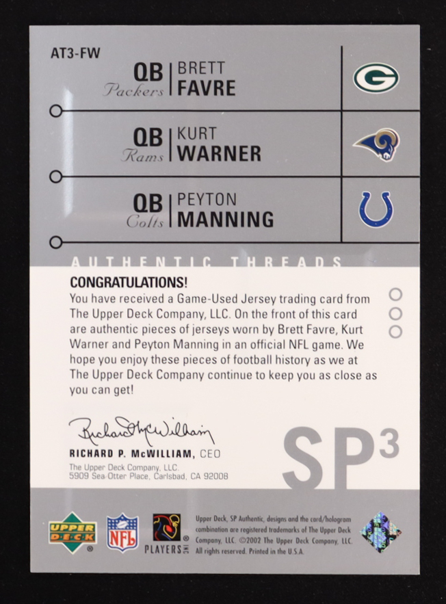Brett Favre / Kurt Warner / Peyton Manning 2002 SP Authentic Threads Triples #AT3FW #089/250 at PristineAuction.com Brett Favre / Kurt Warner / Peyton Manning 2002 SP Authentic Threads Triples #AT3FW #089/250 at PristineAuction.com