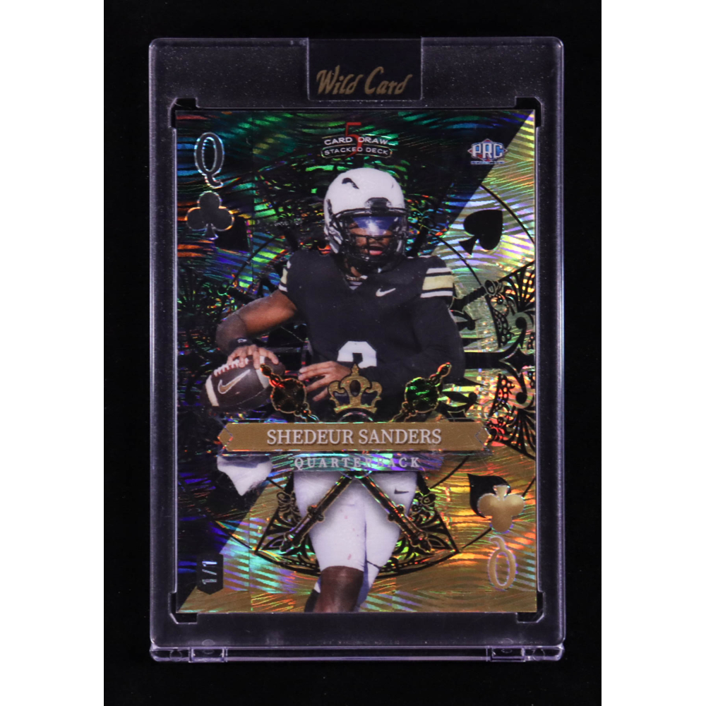 Shedeur Sanders 2024 Wild Card 5 Card Draw Stacked Deck Queen of Clubs Black Gold Wave #SSN RC #1/1 at PristineAuction.com