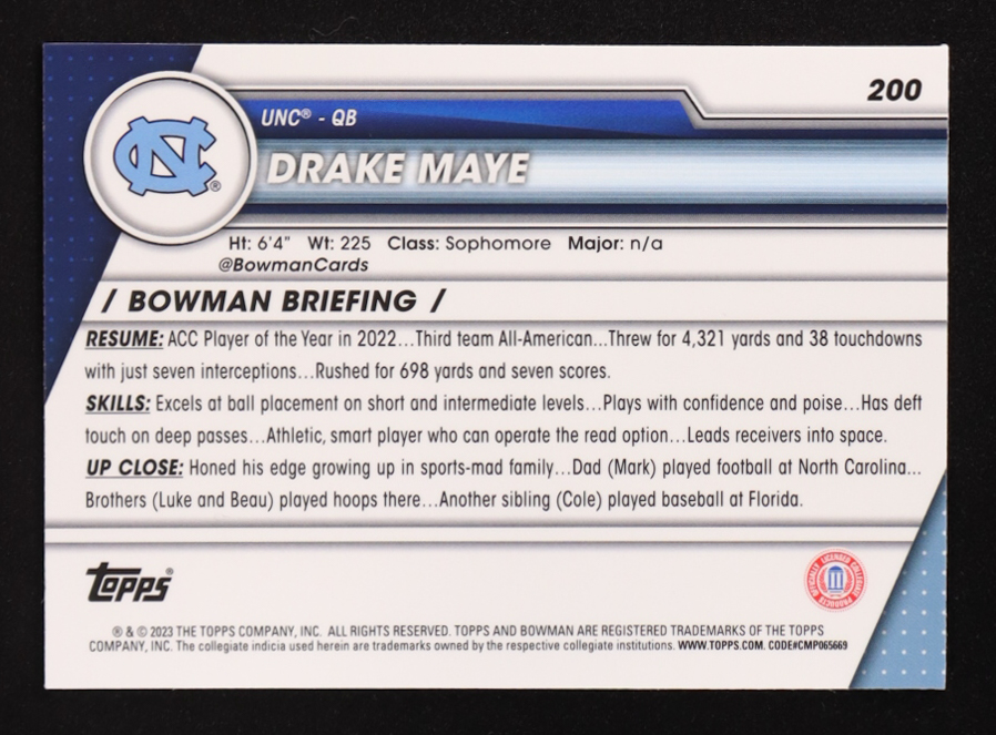 Drake Maye 2023 Bowman Chrome University #200 RC at PristineAuction.com Drake Maye 2023 Bowman Chrome University #200 RC at PristineAuction.com
