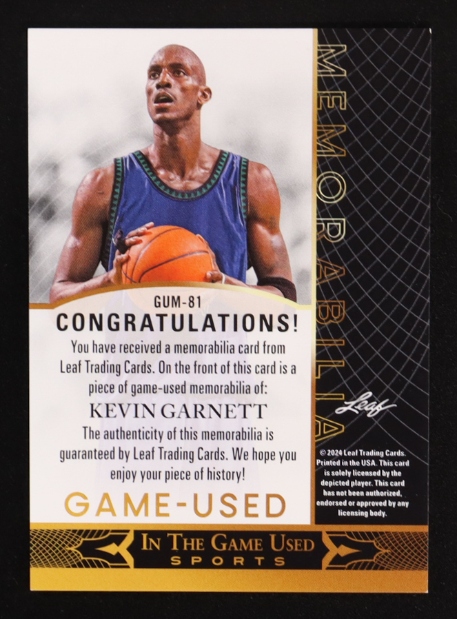 Kevin Garnett 2024 Leaf ITG Used Sports Game-Used Memorabilia JSY #GUM81 at PristineAuction.com Kevin Garnett 2024 Leaf ITG Used Sports Game-Used Memorabilia JSY #GUM81 at PristineAuction.com