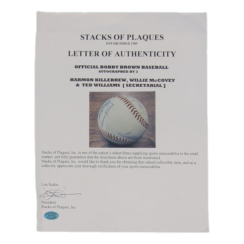 Ted Williams, Willie McCovey & Harmon Killebrew Signed OAL Baseball (SoP) at PristineAuction.com Ted Williams, Willie McCovey & Harmon Killebrew Signed OAL Baseball (SoP) at PristineAuction.com