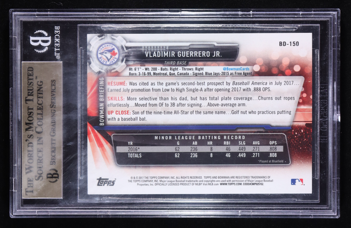 Vladimir Guerrero Jr. 2017 Bowman Draft #BD-150 RC (BGS 9.5) at PristineAuction.com Vladimir Guerrero Jr. 2017 Bowman Draft #BD-150 RC (BGS 9.5) at PristineAuction.com