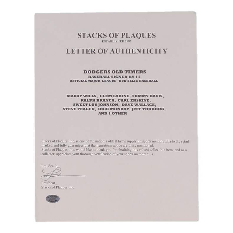 Dodgers Old Timers OML Baseball Signed by (11) with Ralph Branca, Carl Eskrine, Clem Labine, Maury Wills (SOP) at PristineAuction.com Dodgers Old Timers OML Baseball Signed by (11) with Ralph Branca, Carl Eskrine, Clem Labine, Maury Wills (SOP) at PristineAuction.com