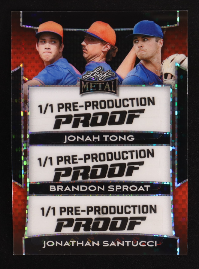 Jonah Tong / Brandon Sproat / Jonathan Santucci 2024 Leaf Metal Signature Series Red Pulsar Pre-Production Proof #NNO #1/1 RC at PristineAuction.com Jonah Tong / Brandon Sproat / Jonathan Santucci 2024 Leaf Metal Signature Series Red Pulsar Pre-Production Proof #NNO #1/1 RC at PristineAuction.com