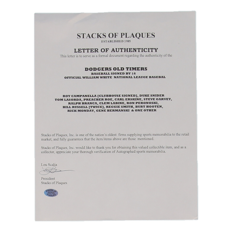 Dodgers Old Timers ONL Baseball Signed by (16) with Duke Snider, Preacher Roe, Tom Lasorda, Preacher Roe, Steve Garvey (Stacks of Plaques) at PristineAuction.com Dodgers Old Timers ONL Baseball Signed by (16) with Duke Snider, Preacher Roe, Tom Lasorda, Preacher Roe, Steve Garvey (Stacks of Plaques) at PristineAuction.com