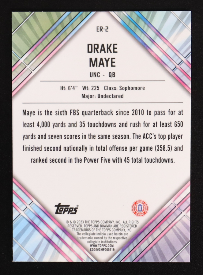 Drake Maye 2023 Bowman Chrome University Unexpected Delights Early Risers #ER2 RC at PristineAuction.com Drake Maye 2023 Bowman Chrome University Unexpected Delights Early Risers #ER2 RC at PristineAuction.com