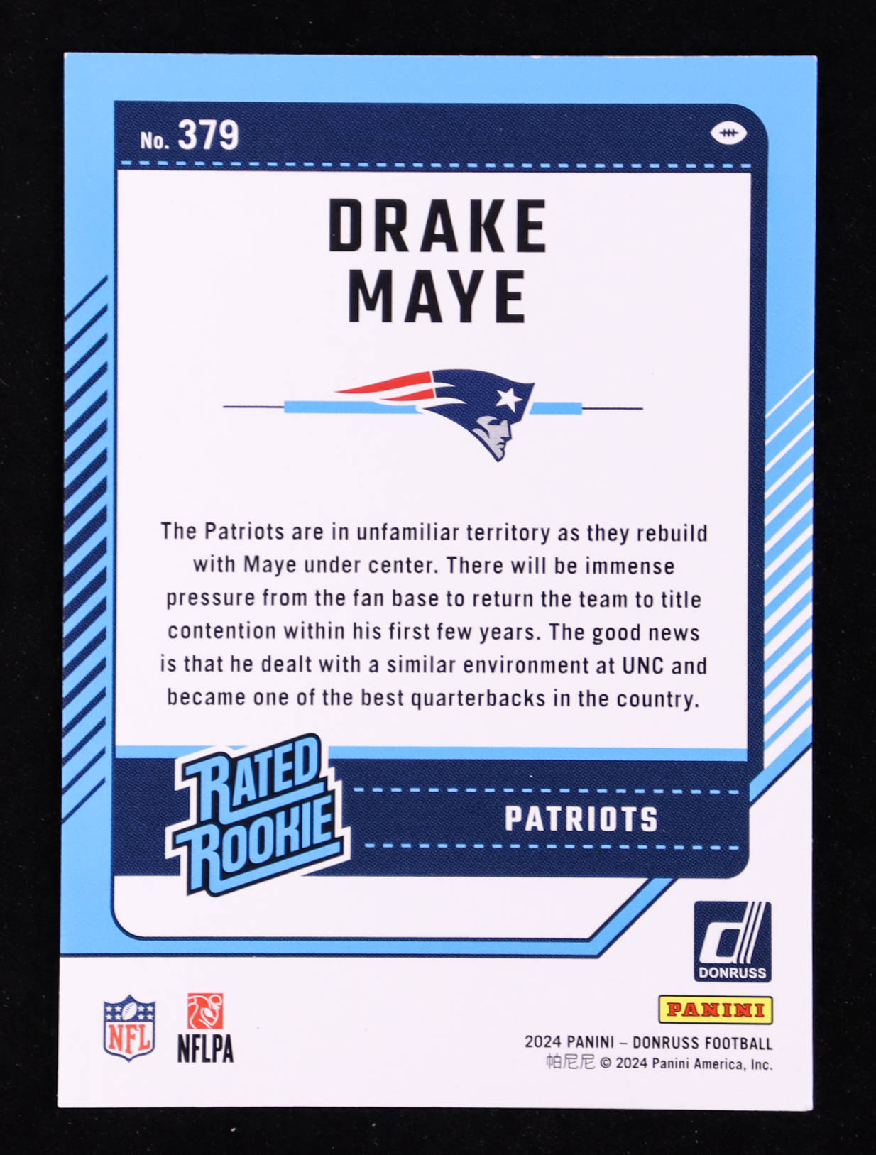 Drake Maye 2024 Donruss Press Proof Purple #379 RR RC at PristineAuction.com Drake Maye 2024 Donruss Press Proof Purple #379 RR RC at PristineAuction.com