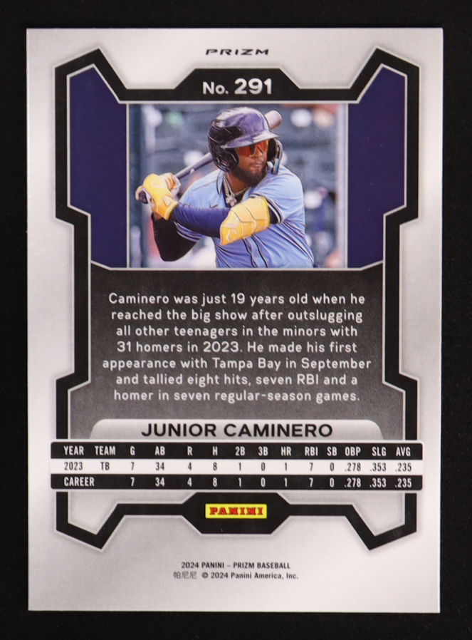 Junior Caminero 2024 Panini Prizm Prizms Red Ice #291 RC at PristineAuction.com Junior Caminero 2024 Panini Prizm Prizms Red Ice #291 RC at PristineAuction.com