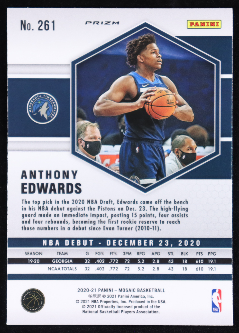 Anthony Edwards 2020-21 Panini Mosaic NBA Debut Pink Camo #261 RC at PristineAuction.com Anthony Edwards 2020-21 Panini Mosaic NBA Debut Pink Camo #261 RC at PristineAuction.com