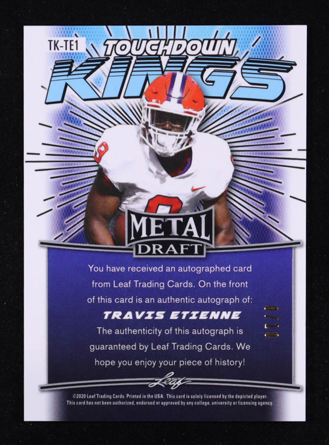 Travis Etienne Jr. 2021 Leaf Metal Draft Flashback Touchdown Kings Wave Pink #TKTE1 #08/10 RC at PristineAuction.com Travis Etienne Jr. 2021 Leaf Metal Draft Flashback Touchdown Kings Wave Pink #TKTE1 #08/10 RC at PristineAuction.com