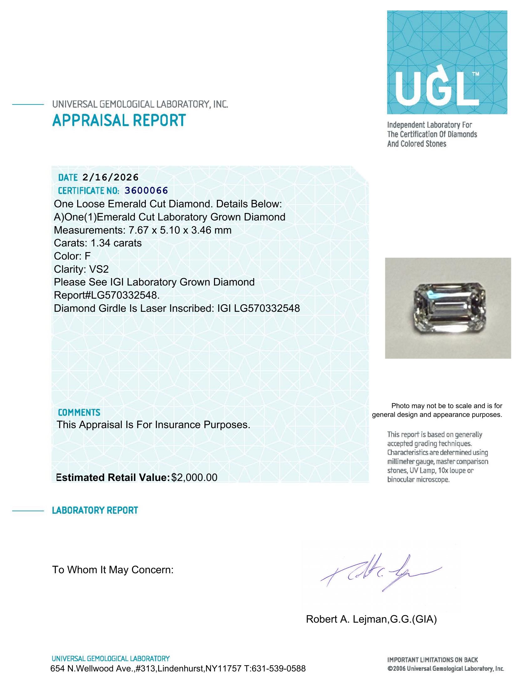 1.34 Carats Lab Grown Diamond Loose F, VS2 | $2,000 Estimated Retail Value (UGL & IGI Certs) | Emerald Cut at PristineAuction.com 1.34 Carats Lab Grown Diamond Loose F, VS2 | $2,000 Estimated Retail Value (UGL & IGI Certs) | Emerald Cut at PristineAuction.com