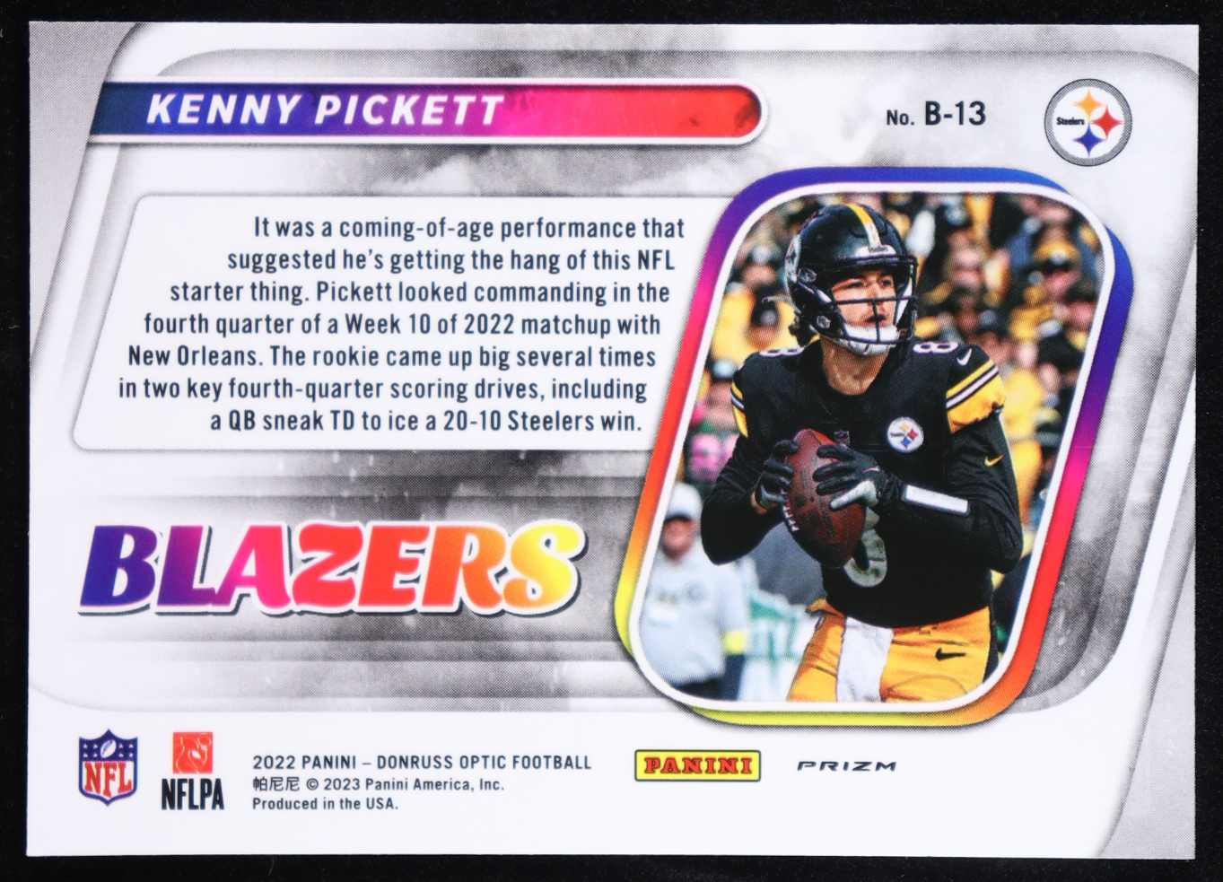 Kenny Pickett 2022 Donruss Optic Blazers #13 RC at PristineAuction.com Kenny Pickett 2022 Donruss Optic Blazers #13 RC at PristineAuction.com