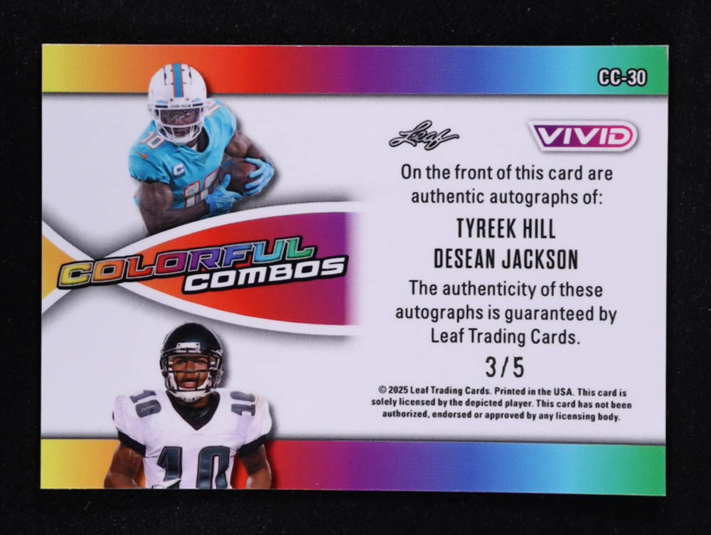 Tyreek Hill / DeSean Jackson 2025 Leaf Vivid Colorful Combos White Laser #CC30 #3/5 at PristineAuction.com Tyreek Hill / DeSean Jackson 2025 Leaf Vivid Colorful Combos White Laser #CC30 #3/5 at PristineAuction.com