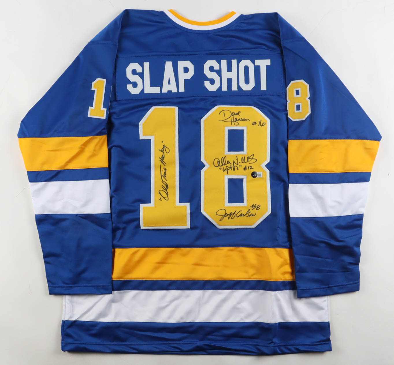 Dave Hanson, Allan Nicholls, & Jeff Carlson Signed Jersey Inscribed "Old Time Hockey" (Beckett) at PristineAuction.com Dave Hanson, Allan Nicholls, & Jeff Carlson Signed Jersey Inscribed "Old Time Hockey" (Beckett) at PristineAuction.com