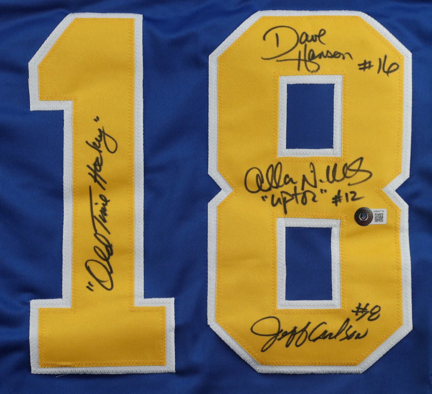 Dave Hanson, Allan Nicholls, & Jeff Carlson Signed Jersey Inscribed "Old Time Hockey" (Beckett) at PristineAuction.com Dave Hanson, Allan Nicholls, & Jeff Carlson Signed Jersey Inscribed "Old Time Hockey" (Beckett) at PristineAuction.com