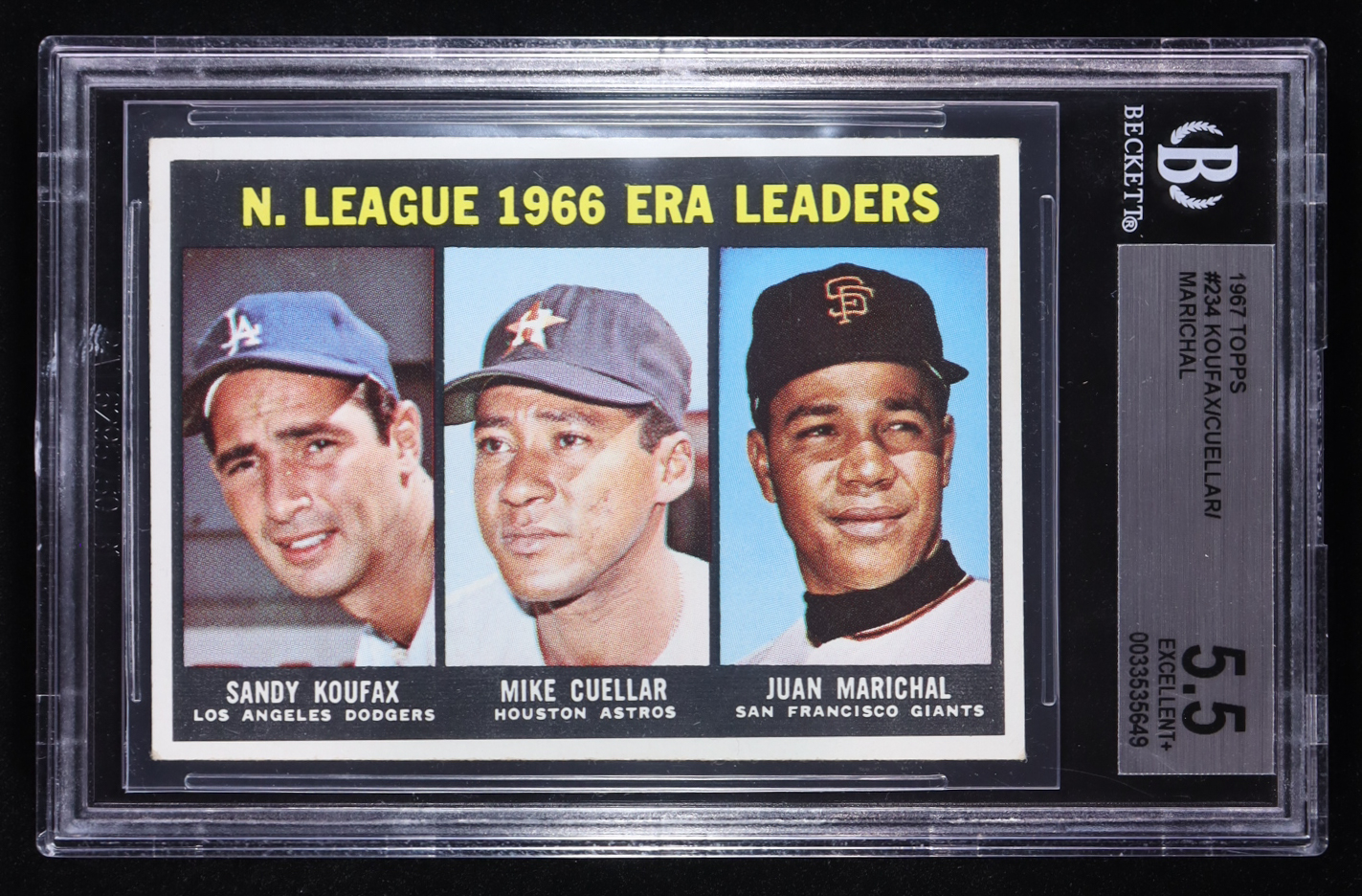 Sandy Koufax / Mike Cuellar / Juan Marichal 1967 Topps NL ERA Leaders #234 (BGS 5.5) at PristineAuction.com Sandy Koufax / Mike Cuellar / Juan Marichal 1967 Topps NL ERA Leaders #234 (BGS 5.5) at PristineAuction.com