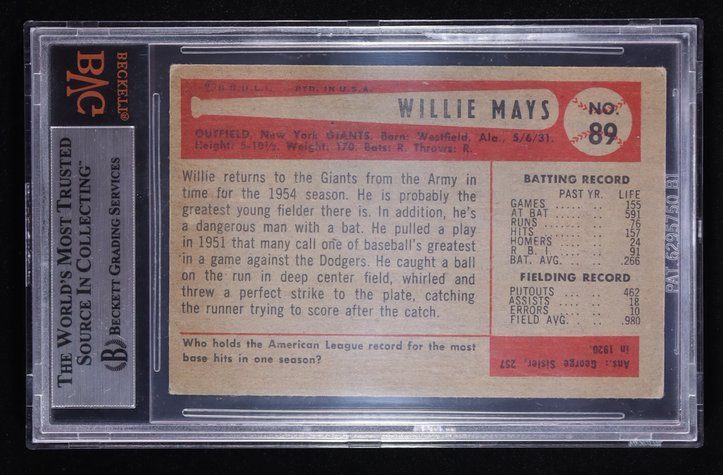 Willie Mays 1954 Bowman #89 (BVG 3.5) at PristineAuction.com Willie Mays 1954 Bowman #89 (BVG 3.5) at PristineAuction.com