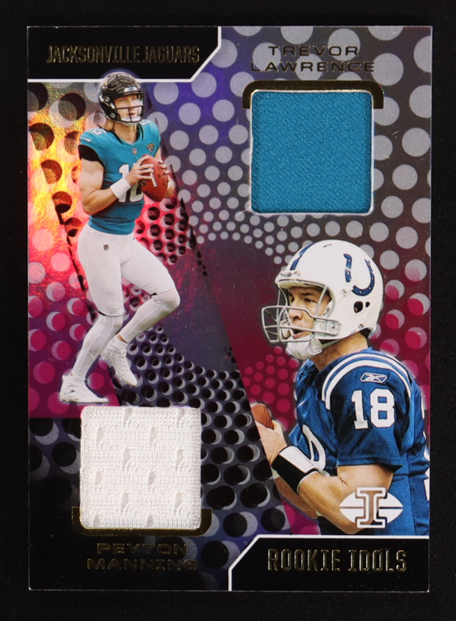 Peyton Manning / Trevor Lawrence RC 2021 Panini Illusions Rookie Idols Dual Memorabilia #1 at PristineAuction.com Peyton Manning / Trevor Lawrence RC 2021 Panini Illusions Rookie Idols Dual Memorabilia #1 at PristineAuction.com