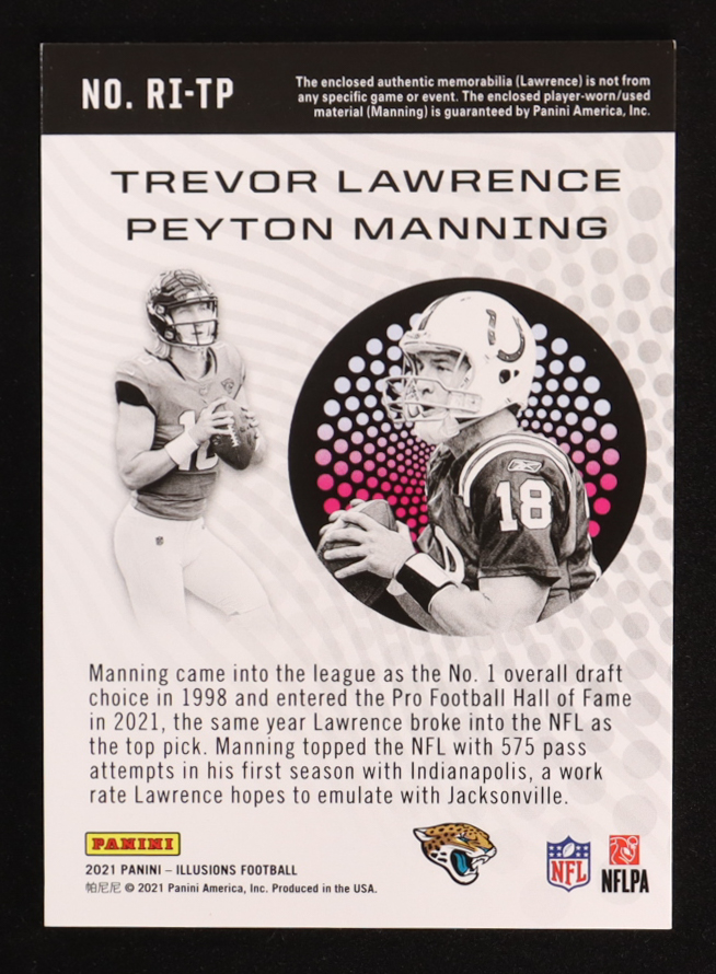 Peyton Manning / Trevor Lawrence RC 2021 Panini Illusions Rookie Idols Dual Memorabilia #1 at PristineAuction.com Peyton Manning / Trevor Lawrence RC 2021 Panini Illusions Rookie Idols Dual Memorabilia #1 at PristineAuction.com