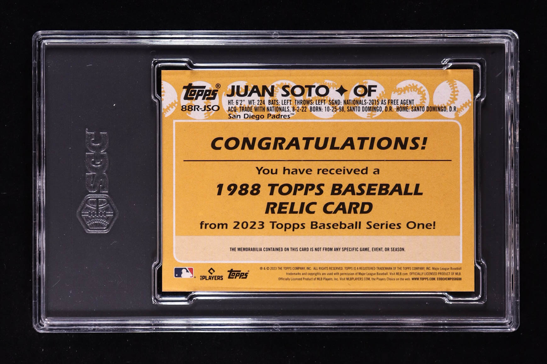 Juan Soto 2023 Topps '88 Topps Relics #88RJSO (SGC 10) at PristineAuction.com Juan Soto 2023 Topps '88 Topps Relics #88RJSO (SGC 10) at PristineAuction.com