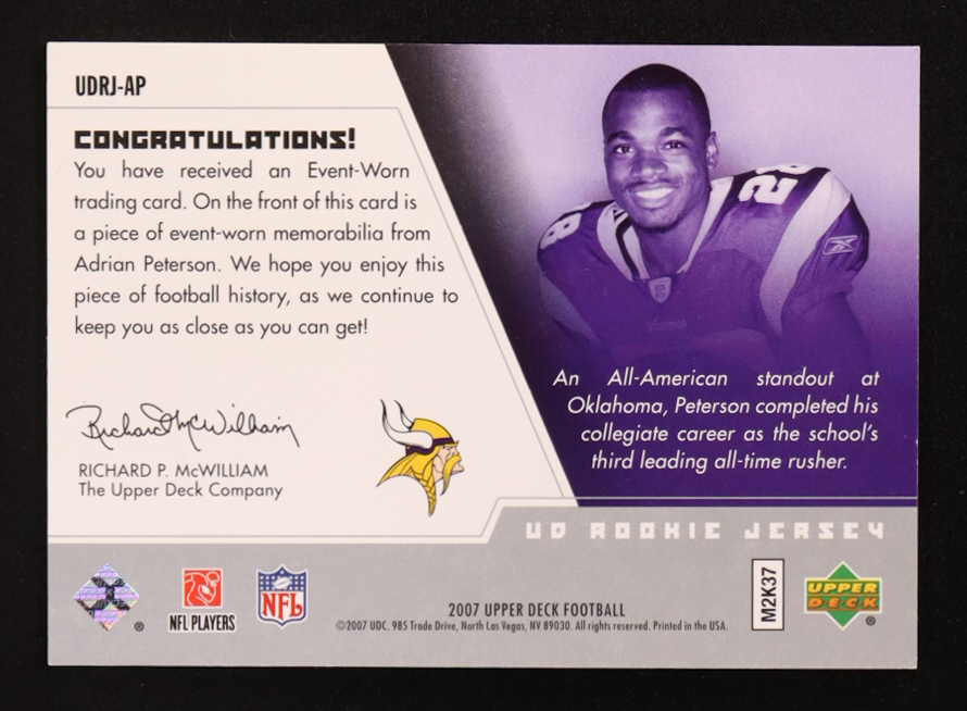 Adrian Peterson 2007 Upper Deck Rookie Jerseys #AP RC at PristineAuction.com Adrian Peterson 2007 Upper Deck Rookie Jerseys #AP RC at PristineAuction.com