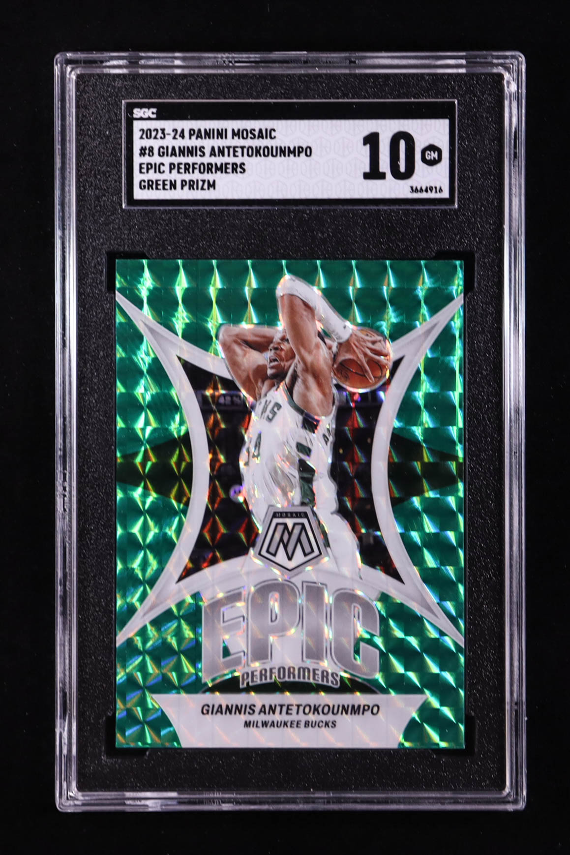 Giannis Antetokounmpo 2023-24 Panini Mosaic Epic Performers Mosaic Green #8 (SGC 10) at PristineAuction.com Giannis Antetokounmpo 2023-24 Panini Mosaic Epic Performers Mosaic Green #8 (SGC 10) at PristineAuction.com