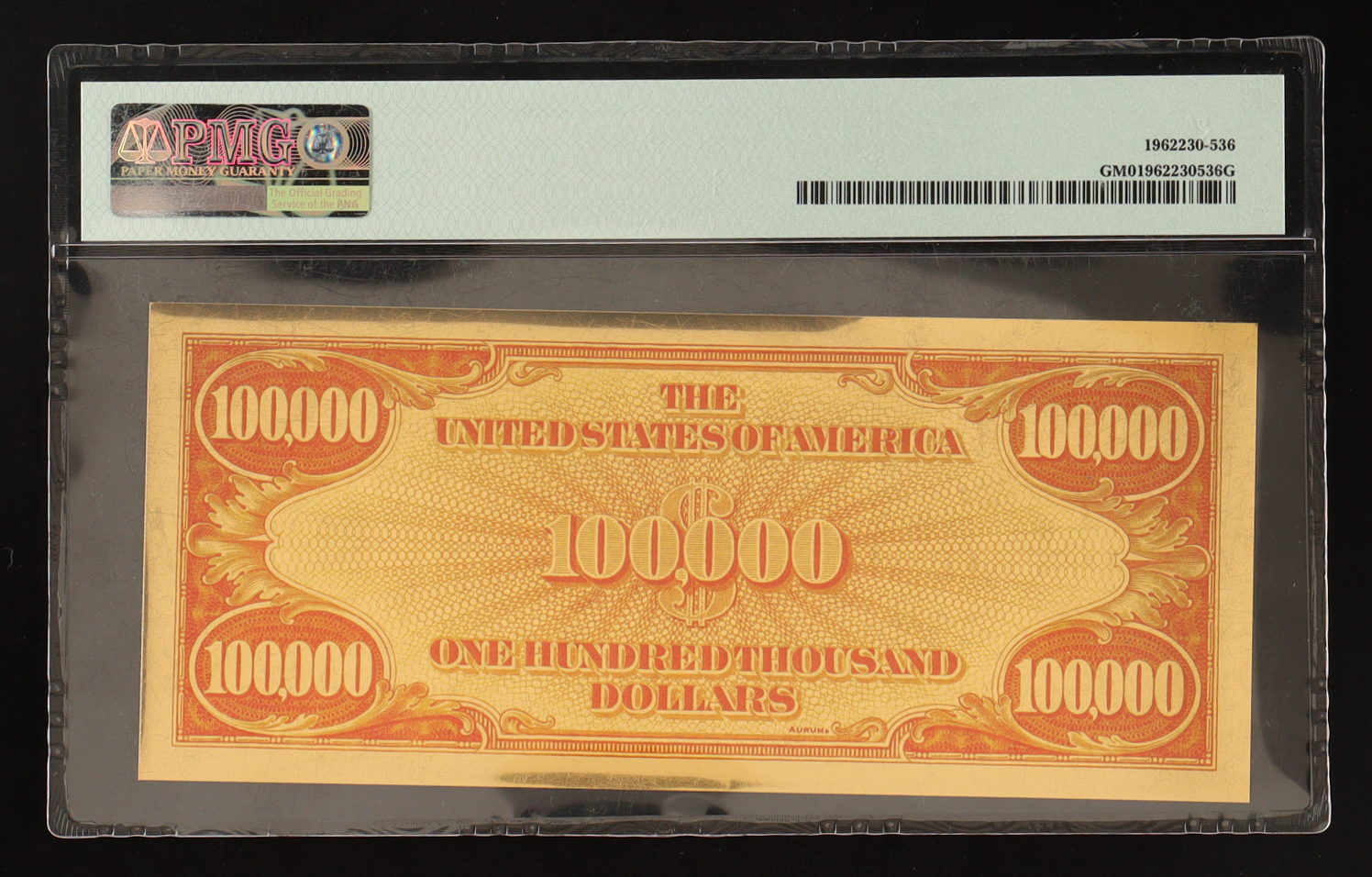 1934 $100,000 Gold Certificate "Smithsonian Edition" - 100 mg of 24k Gold (PMG Gem Uncirculated) at PristineAuction.com 1934 $100,000 Gold Certificate "Smithsonian Edition" - 100 mg of 24k Gold (PMG Gem Uncirculated) at PristineAuction.com