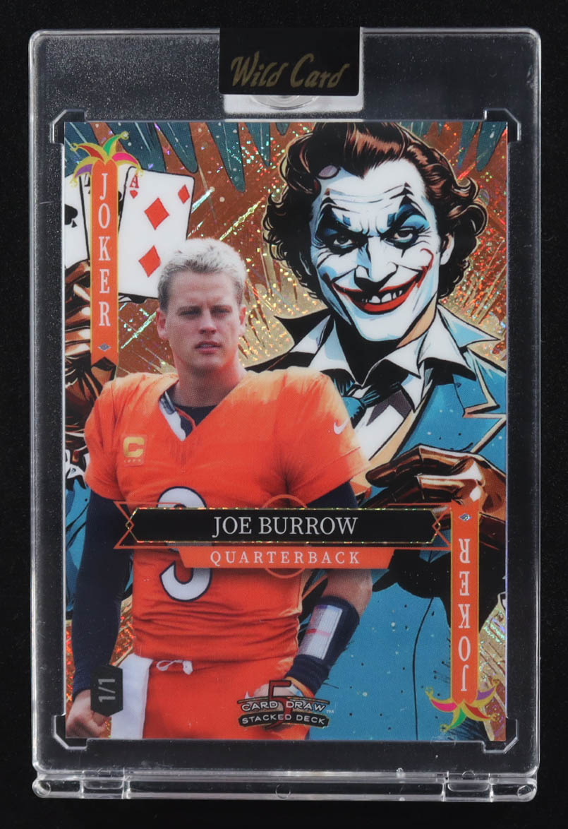 Joe Burrow 2025 Wild Card 5 Card Draw Stacked Deck Joker Orange Cross Hatch Foil #SDJW-JBNB02 #1/1 at PristineAuction.com Joe Burrow 2025 Wild Card 5 Card Draw Stacked Deck Joker Orange Cross Hatch Foil #SDJW-JBNB02 #1/1 at PristineAuction.com
