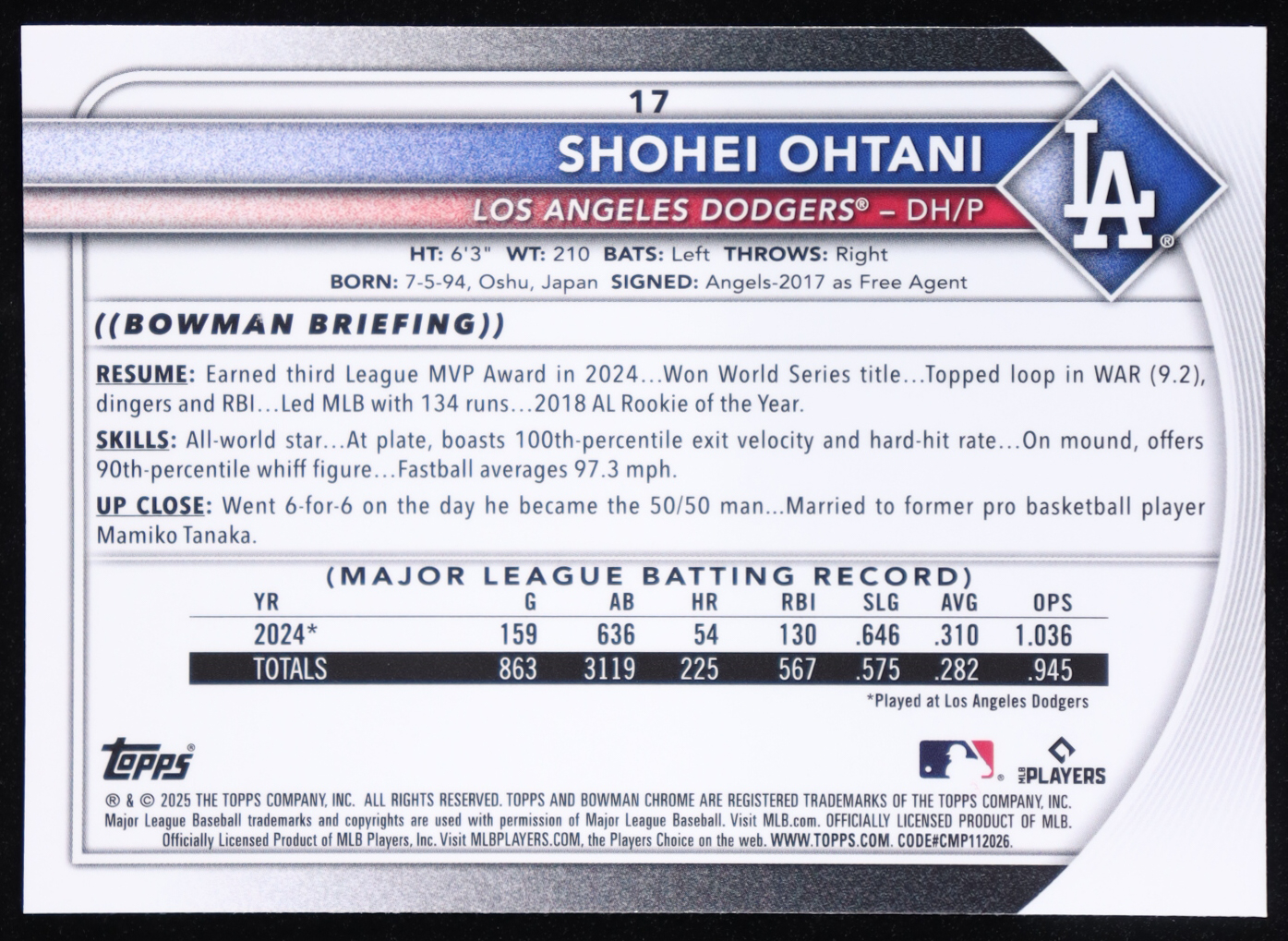Shohei Ohtani 2025 Bowman Chrome #17 at PristineAuction.com Shohei Ohtani 2025 Bowman Chrome #17 at PristineAuction.com