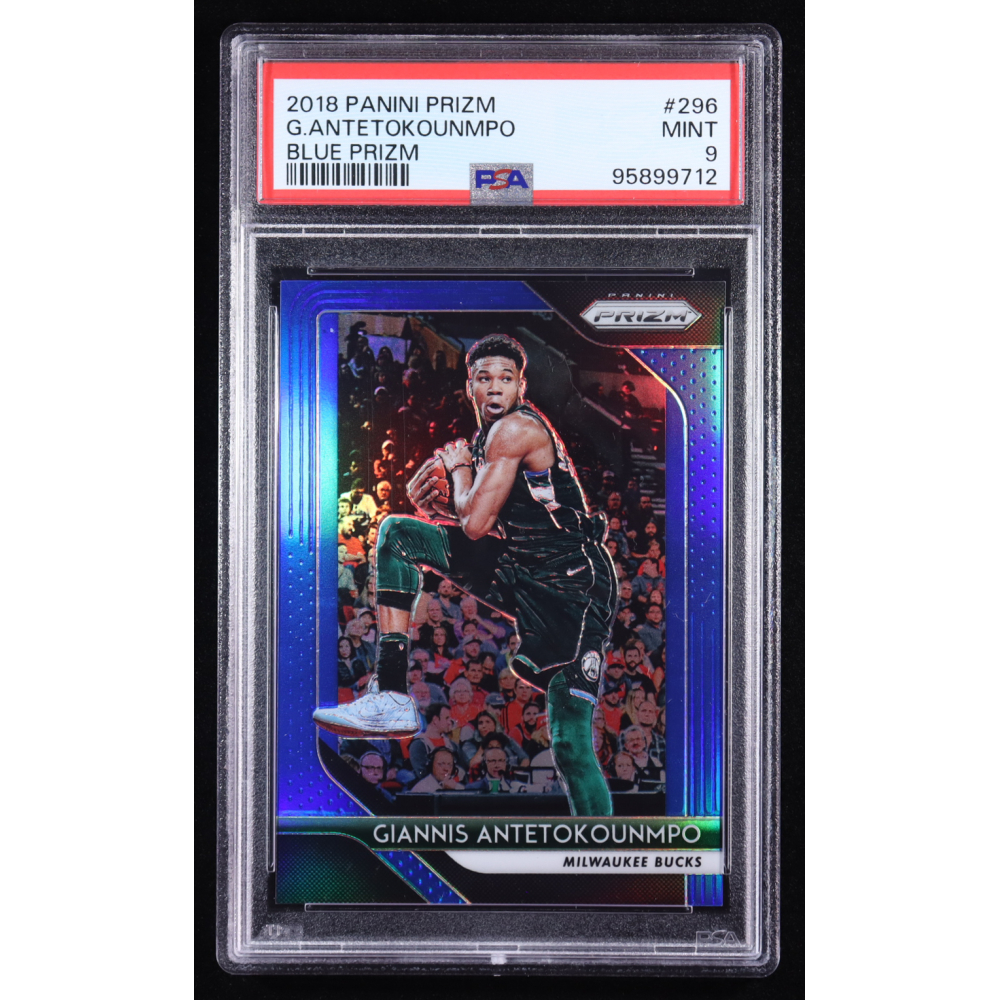 Giannis Antetokounmpo 2018-19 Panini Prizm Prizms Blue #296 #185/199 (PSA 9) at PristineAuction.com