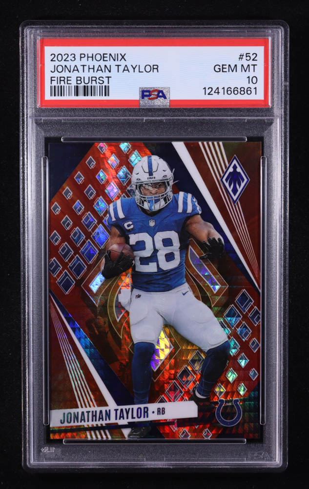 Jonathan Taylor 2023 Panini Phoenix Fire Burst #52 #273/340 (PSA 10) at PristineAuction.com Jonathan Taylor 2023 Panini Phoenix Fire Burst #52 #273/340 (PSA 10) at PristineAuction.com