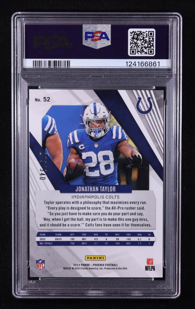 Jonathan Taylor 2023 Panini Phoenix Fire Burst #52 #273/340 (PSA 10) at PristineAuction.com Jonathan Taylor 2023 Panini Phoenix Fire Burst #52 #273/340 (PSA 10) at PristineAuction.com