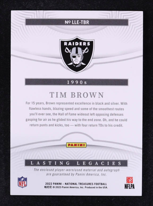 Tim Brown 2022 Panini National Treasures Lasting Legacies Material Autographs #7 #60/99 at PristineAuction.com Tim Brown 2022 Panini National Treasures Lasting Legacies Material Autographs #7 #60/99 at PristineAuction.com