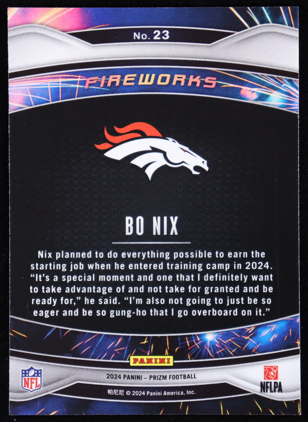 Bo Nix 2024 Panini Prizm Fireworks #23 RC at PristineAuction.com Bo Nix 2024 Panini Prizm Fireworks #23 RC at PristineAuction.com