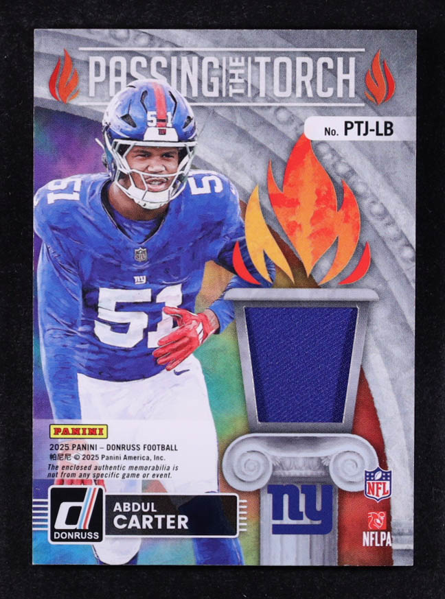 Lawrence Taylor / Abdul Carter 2025 Donruss Passing the Torch Jerseys #7 #180/199 at PristineAuction.com Lawrence Taylor / Abdul Carter 2025 Donruss Passing the Torch Jerseys #7 #180/199 at PristineAuction.com