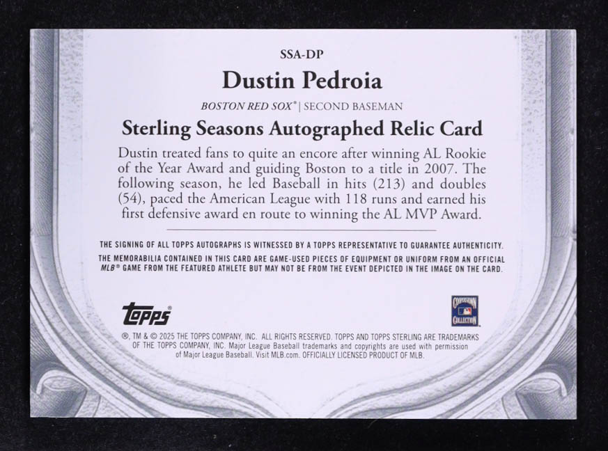 Dustin Pedroia 2025 Topps Sterling Sterling Seasons Autograph Relics Red #SSADP #3/5 at PristineAuction.com Dustin Pedroia 2025 Topps Sterling Sterling Seasons Autograph Relics Red #SSADP #3/5 at PristineAuction.com