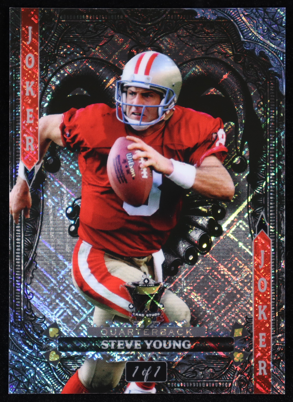 Steve Young 2024 Wild Card 7 Card Studs Joker Cross Hatch Platinum #SY #1/1 at PristineAuction.com Steve Young 2024 Wild Card 7 Card Studs Joker Cross Hatch Platinum #SY #1/1 at PristineAuction.com